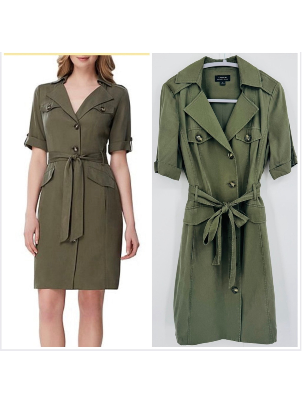 Tahari Olive Midi Shirt Dress Size 6 Military Inspired